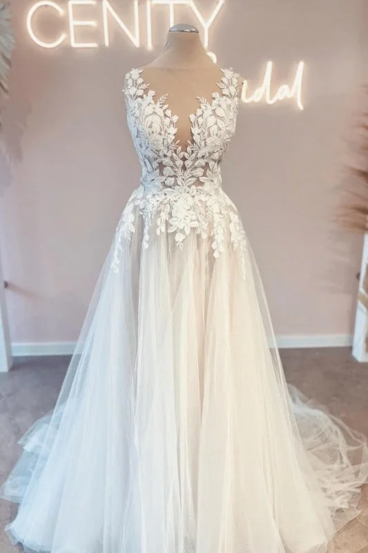 Classic Satin Dress Charming Jewel A-Line Lace Tulle Wedding Dress with Applique