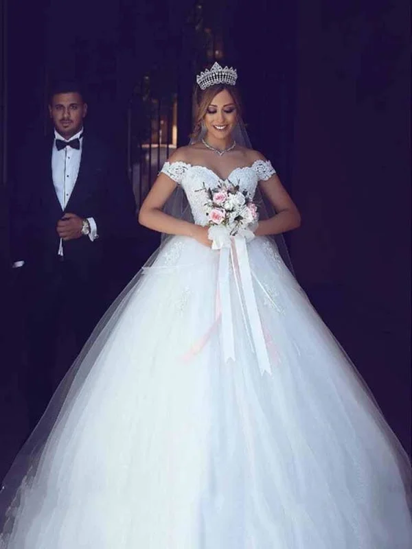 Rhinestone Embellished Gown Amazing Off-the- Shoulder Lace Ball Gown Tulle Wedding Dresses
