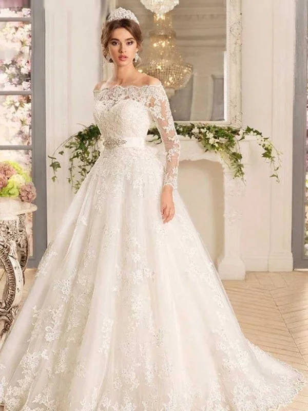 Crystal Embellished Dress Off-the-Shoulder Tulle Ruffles Wedding Dresses