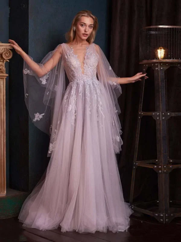 Scalloped Edge Dress V-Neck Backless Tulle Ruffles Wedding Dresses
