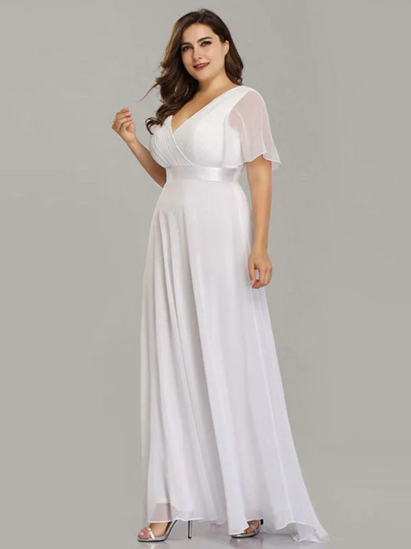 Embroidered Satin Dress Empire Waist V-neck Half-Sleeves Ruffles Wedding Dresses