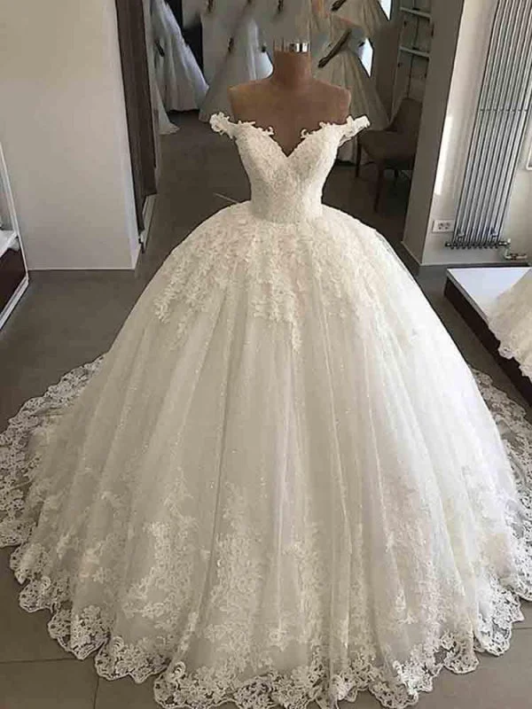 Floor-Length Dress V-Neck Lace Sequins Ball Gown Wedding Dresses