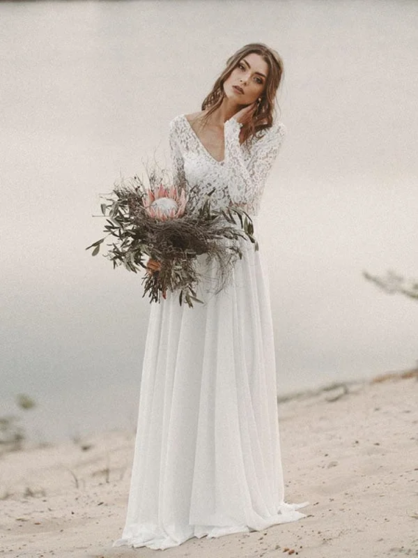Asymmetrical Hem Dress A-Line V Neck Open Back Lace Wedding Dresses