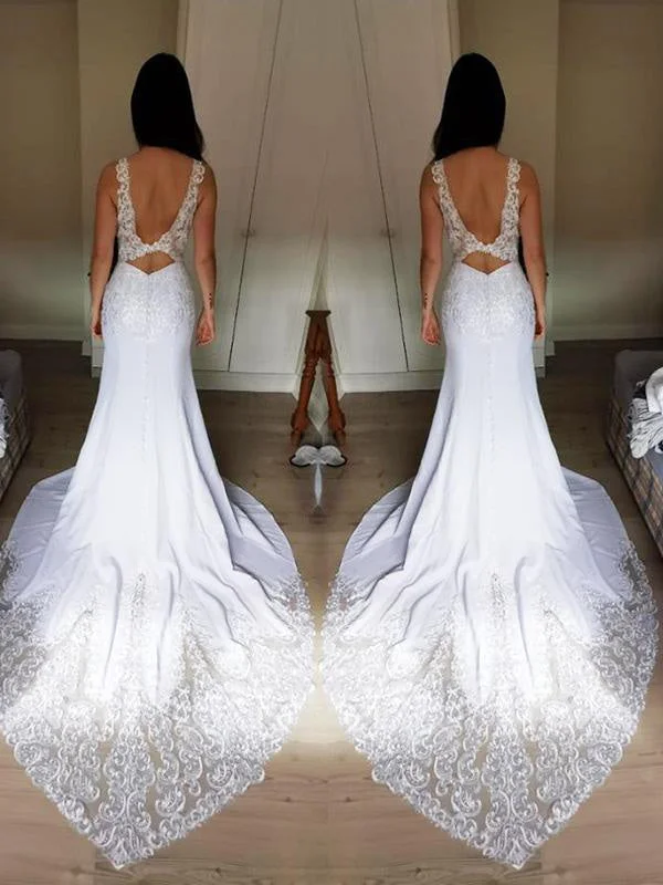 Hand-Beaded Gown V-Neck Lace Mermaid Wedding Dresses