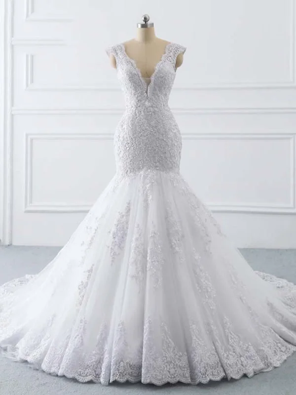Satin Dress V-Neck Mermaid Lace Wedding Dresses