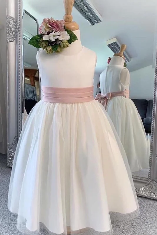 Designer Gown Chic Long White Flower Girl Dress with Pink Belt