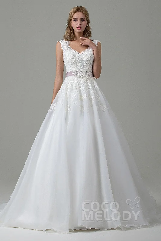 Romantic Lace Dress A-Line Court Train Lace and Organza Wedding Dress CWZT15007