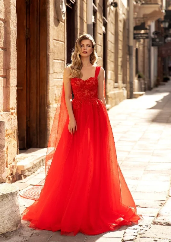 Classy Long Evening Dress in Red with Cape