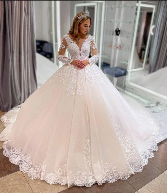 Dreamy Lace Gown Classy Long Princess Appliques Lace Tulle Wedding Dress with Sleeves fg6596 Dreamy Lace Gown Classy Long Princess Appliques Lace Tulle Wedding Dress with Sleeves fg6596