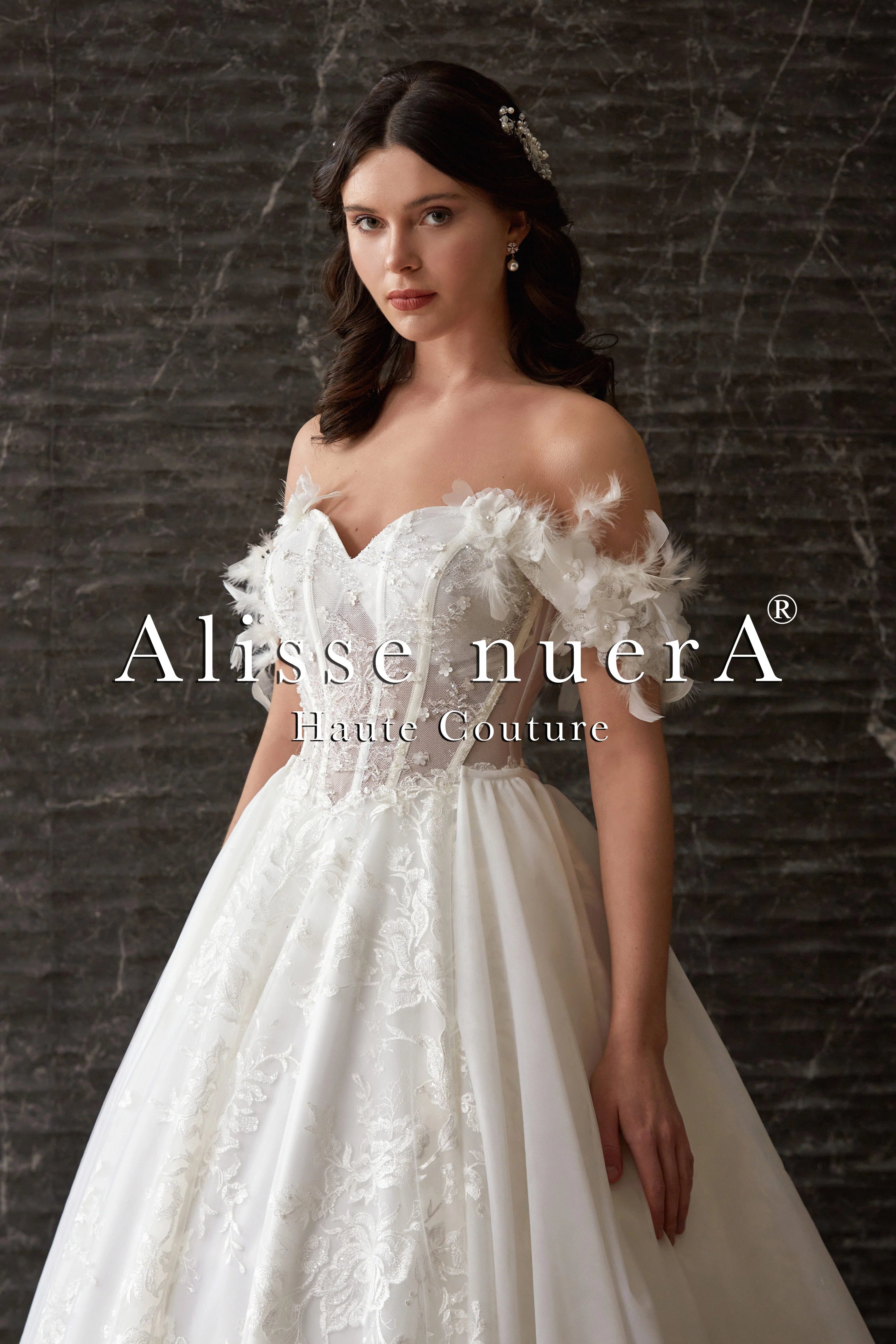 Tulle Ball Gown Corset Design Off Shoulder Feather Sleeve Garden Wedding Dress