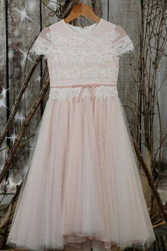 Minimalist Crepe Dress Crew Neck Blush Pink Long Flower Girl Dress with Sash