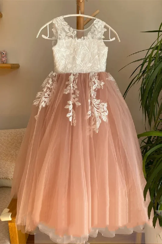 Embroidered Satin Dress Crew Neck Dusty Rose Floor Length Flower Girl Dress with Appliques