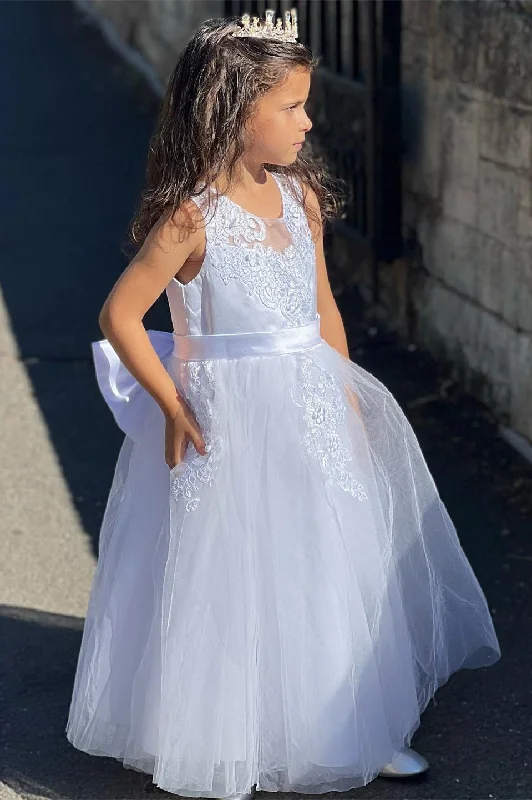 Floral Gown Crew Neck White Appliques Flower Girl Dress with Bow