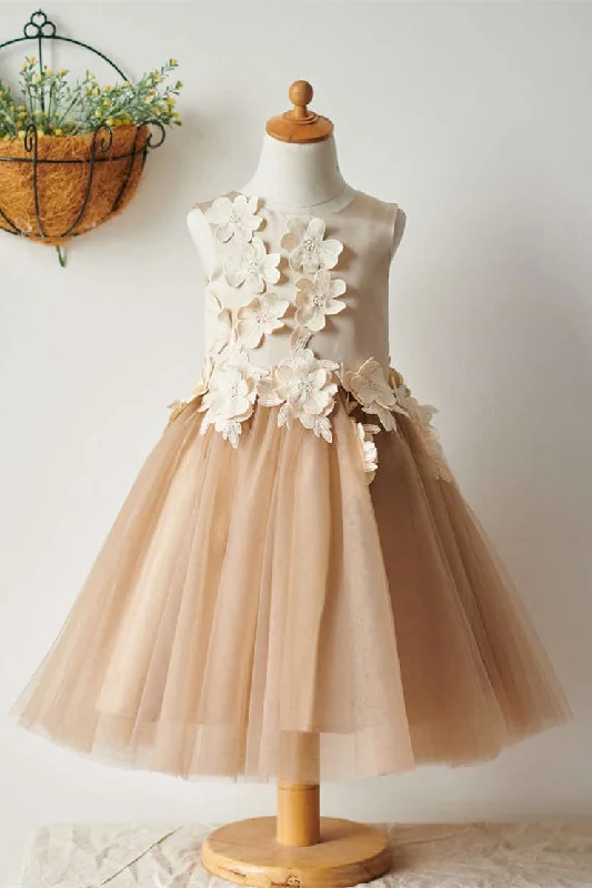 Illusion Neckline Dress Custom Order A-Line Champagne Flower Girl Dress with Flowers