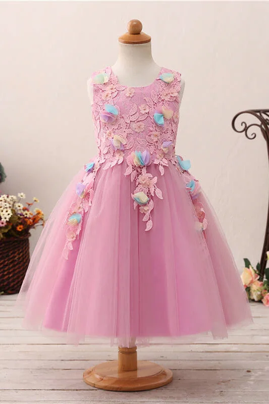 Appliqué Dress Cute 3D Flowers Pink Flower Girl Dress with Lace Appliques