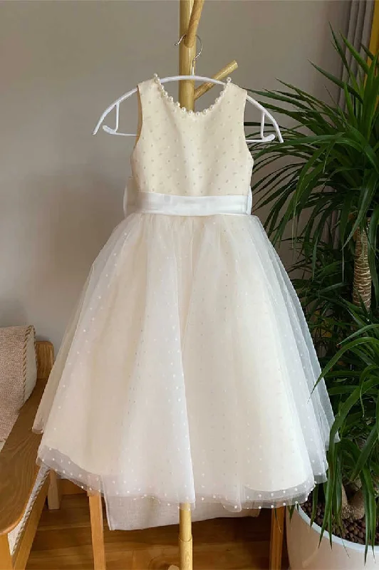 Flowy Chiffon Dress Cute Champagne Beaded Girl Party Dress with Dots