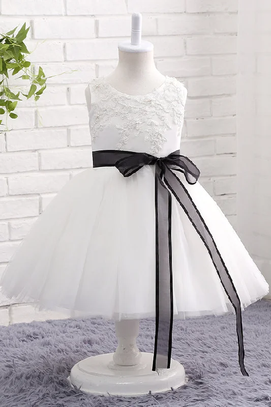 Cute White Flower Girl Dress with Black Bowknot