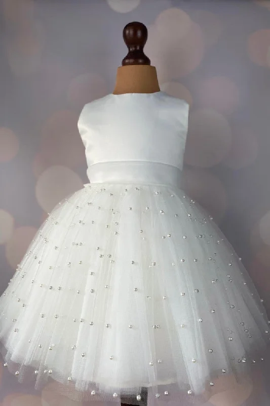 Soft Tulle Dress Cute Ivory Beaded Flower Girl Dress with Bow