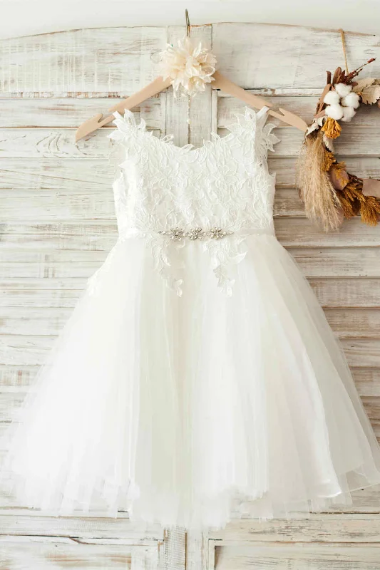 Long Train Gown Cute Ivory Lace Flower Girl Dress with Belt