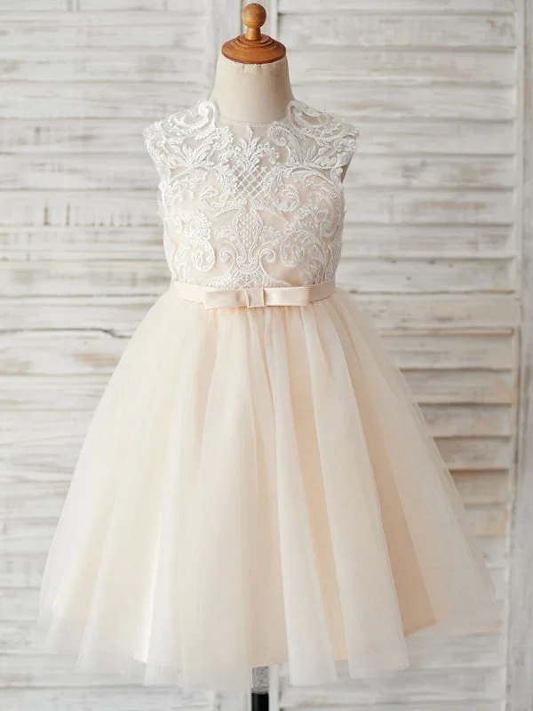 Cute Jewel Neck Lace Tulle Flower Girl Dresses Champagne Sleeveless Pearls Formal Dress for Kids