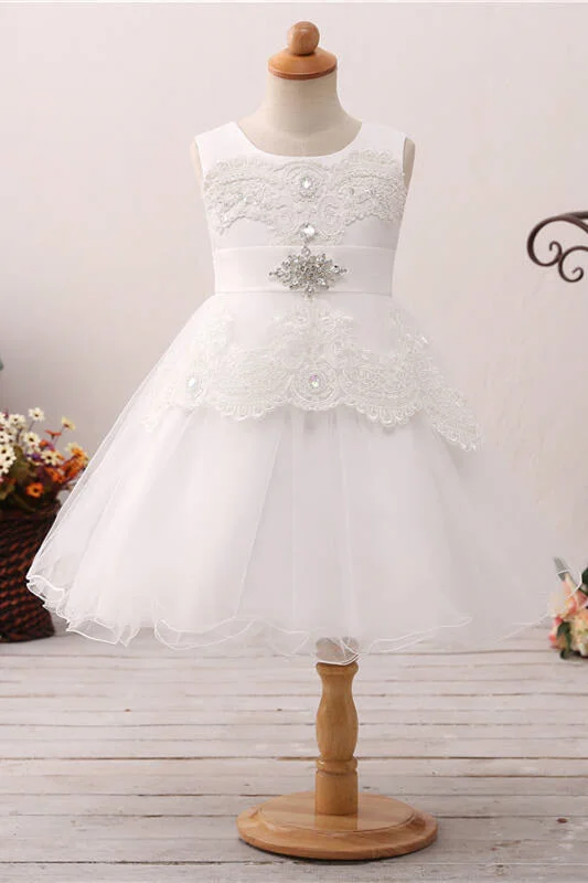 Cute Lace Appliques Toddler White Flower Girl Dress with Beads