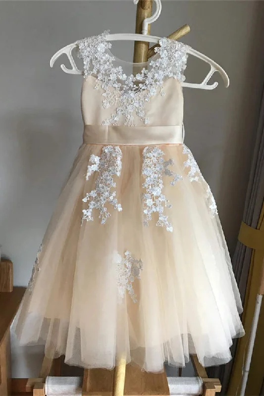 Dramatic Train Gown Cute Lace Champagne Flower Girl Dress