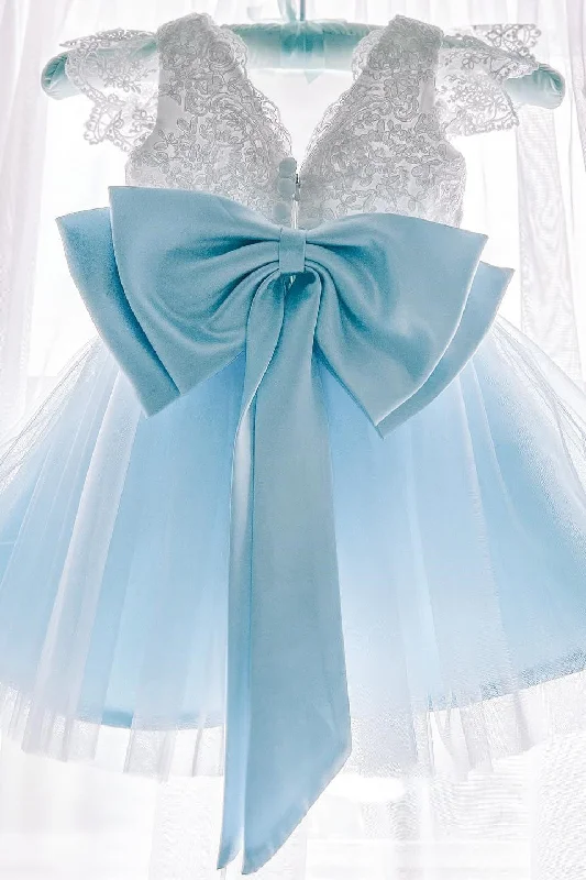 Bridal Gown Cute Light Blue Knee Length Flower Girl Dress with Bow