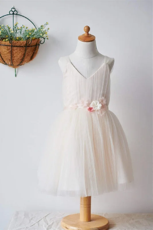 Puffy Sleeve Dress Cute Light Champagne Girl Party Dress with Flower Belt
