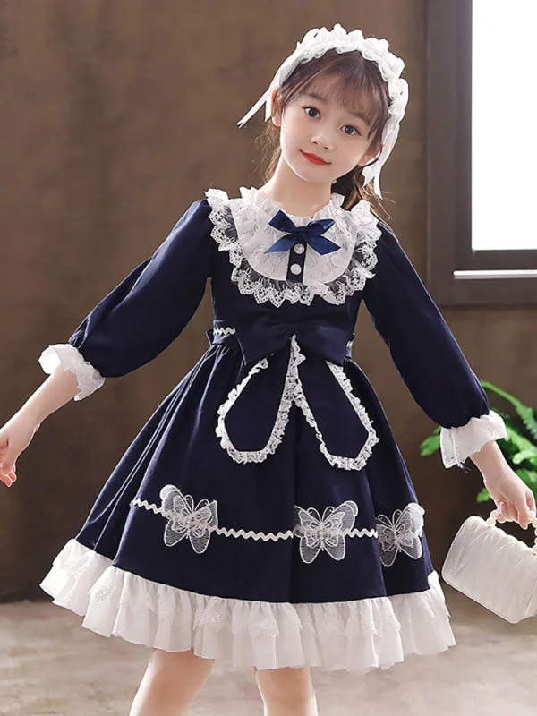 Cute Navy Blue Flower Girl Dresses Tulle Long Sleeves Knee-Length A-Line Kids Party Dresses