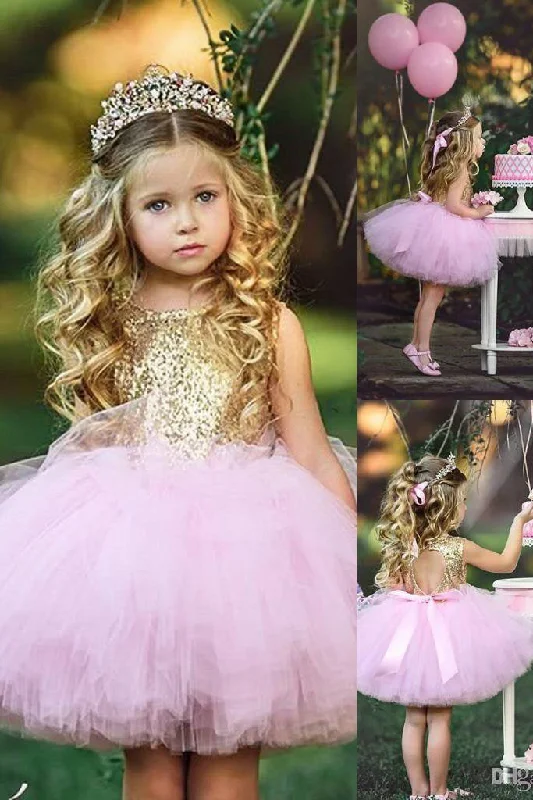 Sleeveless Dress Cute Pink Tutu Skirt with Gold Sequins,Flower Girl Dress
