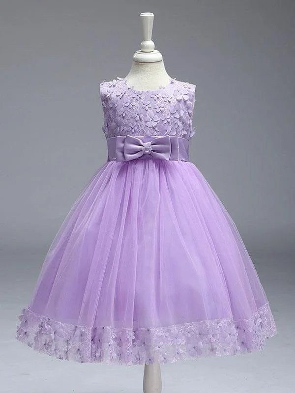 Cute Princess Flower Girl Dresses Lilac Purple Lace Tulle Ribbon Tutu Party Dress