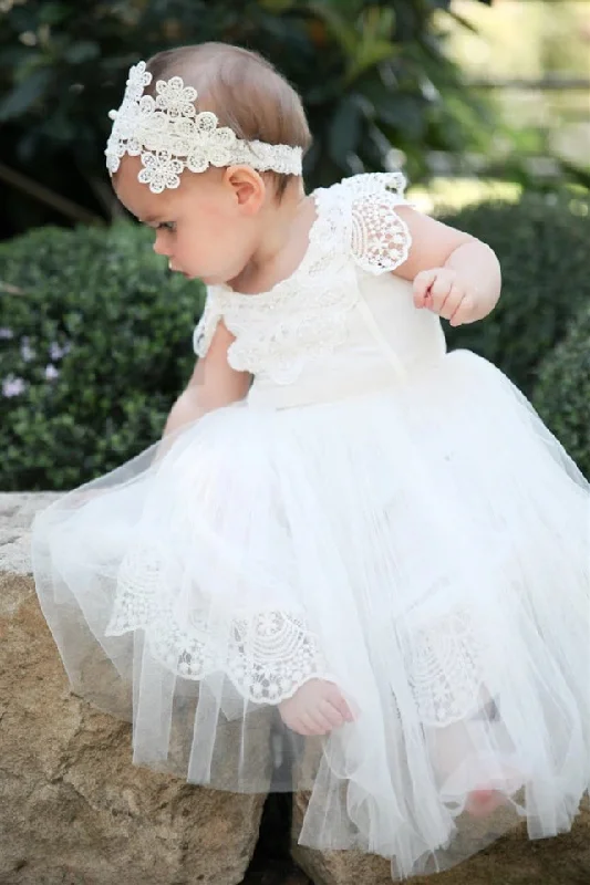 Satin Dress Cute Toddler White Flower Girl Dress with Patched Lace