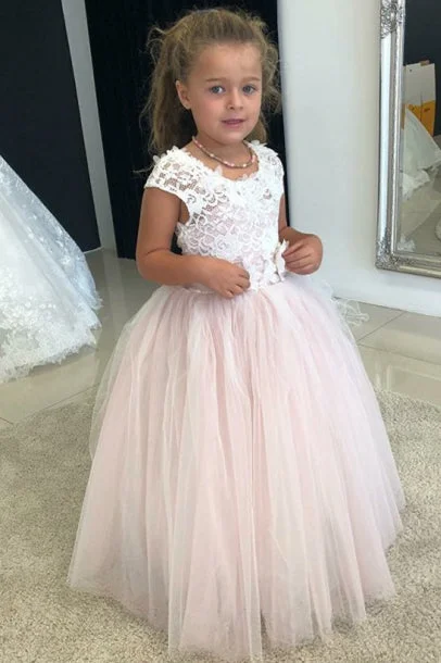 Luxury Gown Cute White and Pink Flower Girl Dress with Lace Bodice'