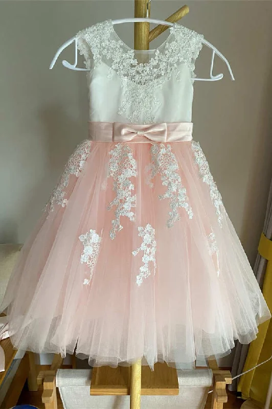 One-Shoulder Gown Cute White and Pink Lace Flower Girl Dress