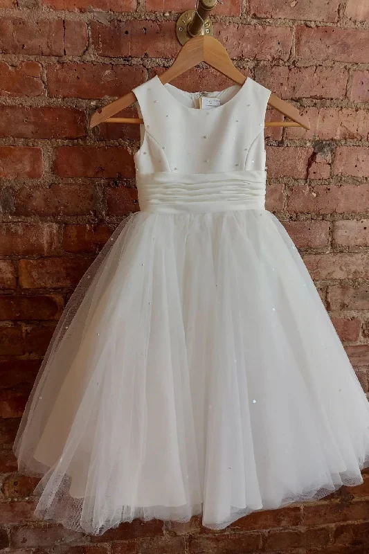 Tea-Length Dress Cute White Pleated Long Flower Girl Dress with Pearls