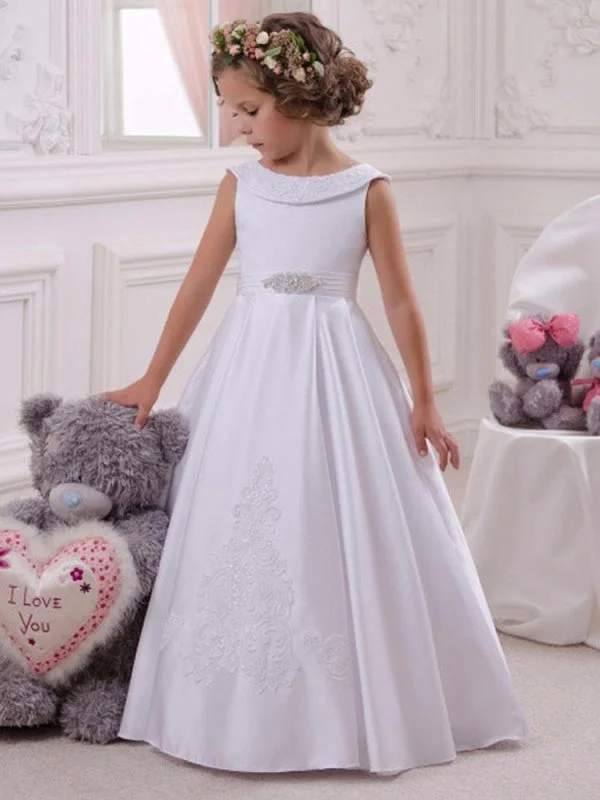 Cute White Sleeveless Satin Lace Appliques A-line Flower Girl Dress Bateau Neck Floor Length A-Line Kids Party Dresses