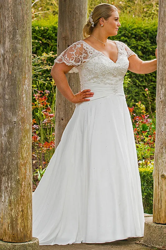 Delicate Iris Plus Size V-neck Lace Sleeve Wedding Dress-MK_705851