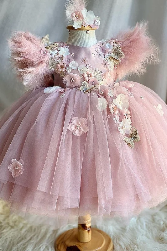 Classic Satin Dress Dusty Pink Flower Girl Dress Party Gown With 3D Flowers Feathers