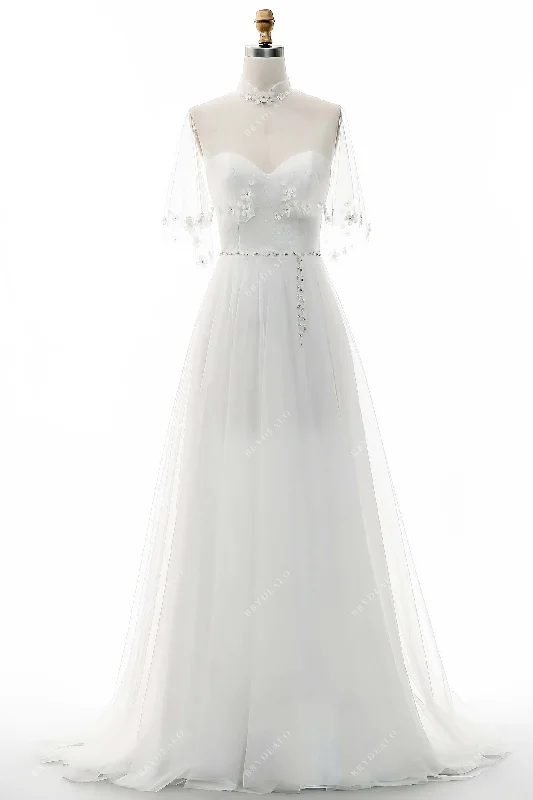 Effortless Vintage A-Line Wedding Dress With Beaded Cape