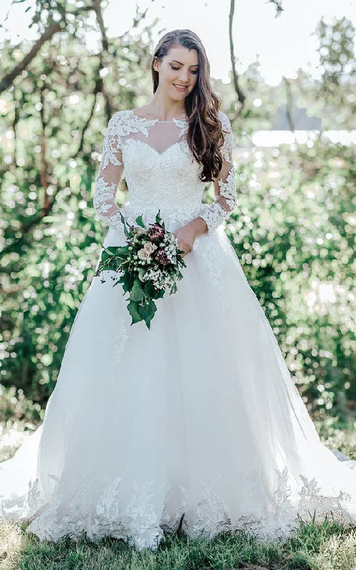 Regal Gown Elegant Ball Gown Bateau Lace Tulle Floor-length Court Train Wedding Dress with Appliques-715964 Regal Gown Elegant Ball Gown Bateau Lace Tulle Floor-length Court Train Wedding Dress with Appliques-715964