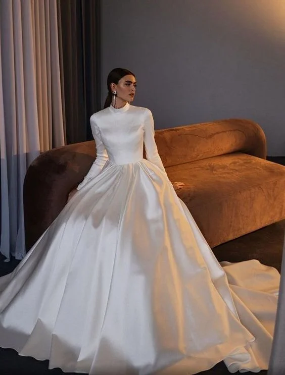 Royal Gown Elegant High Neck A-line Satin Boho Wedding Dress with Long Sleeves for Muslim Saudi Arabian Wedding Party fg5743 Royal Gown Elegant High Neck A-line Satin Boho Wedding Dress with Long Sleeves for Muslim Saudi Arabian Wedding Party fg5743