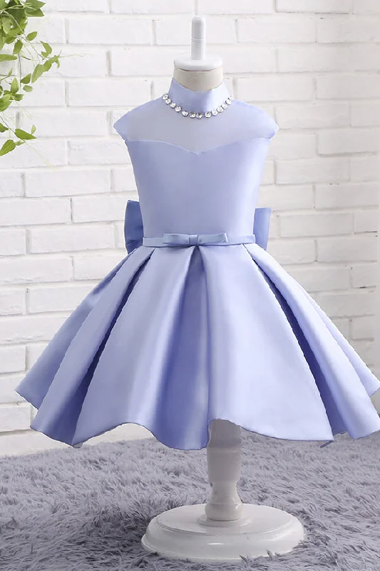 Elegant High Neck Flower Girl Dress with Bow