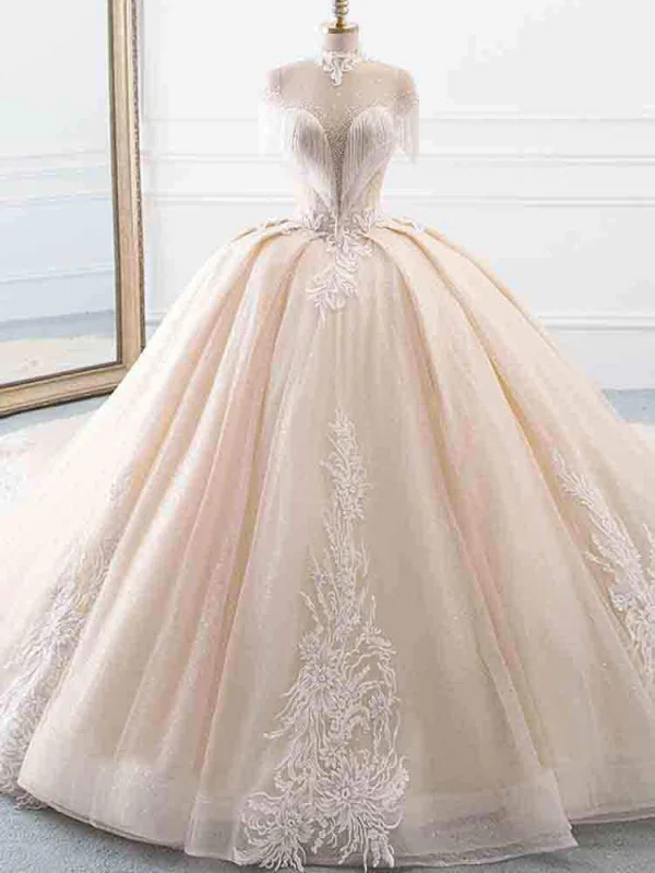 Scalloped Lace Dress Elegant High Neck Tassel Sleeves Ball Gown Wedding Dresses