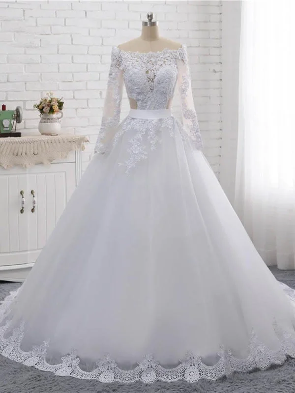 Backless Gown Elegant Long Sleeves Lace Covered Button Ball Gown Wedding Dresses