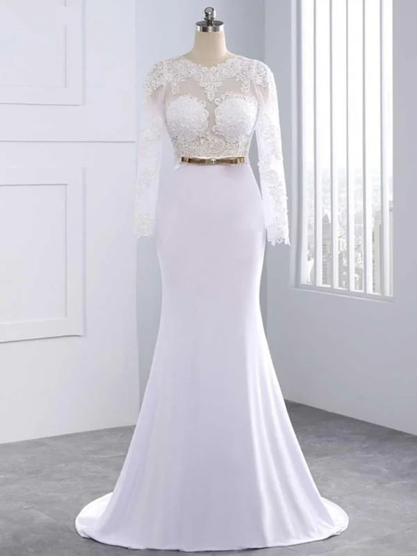 Dramatic Train Gown Elegant Long Sleeves Lace Mermaid Sashes Wedding Dresses