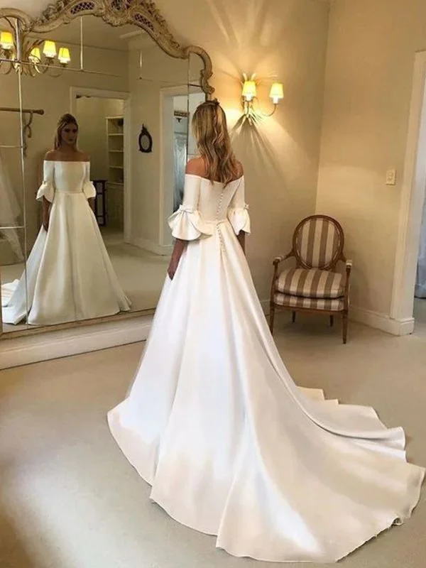 Classic Gown Elegant Off-Shoulder Satin Wedding Dress with Bow       fg6426