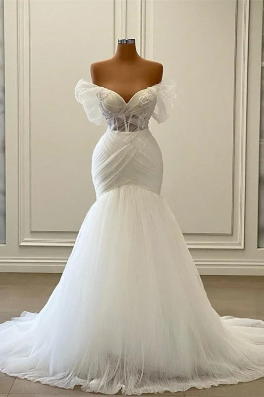 Open Back Dress Elegant Off the Shoulder Floor Length Mermaid Tulle Wedding Dress