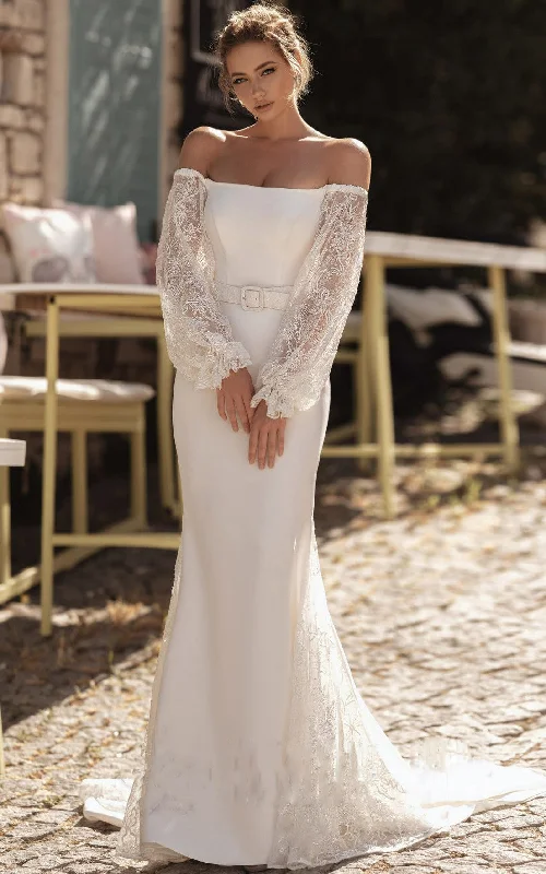 Empire Waist Gown Elegant Off-the-shoulder Long Sleeve Sweep Train Floor-Length Mermaid Wedding Dress With Sash-716170 Empire Waist Gown Elegant Off-the-shoulder Long Sleeve Sweep Train Floor-Length Mermaid Wedding Dress With Sash-716170