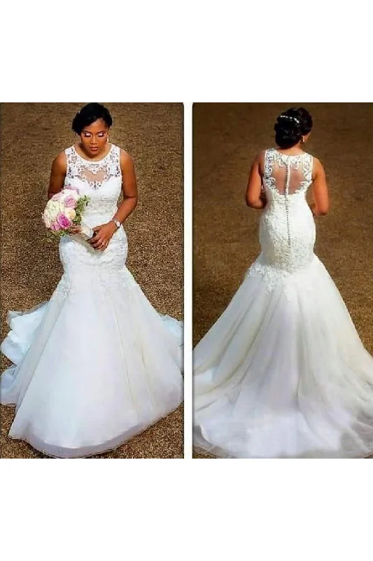 Timeless Dress Elegant Sheer Neck Appliques Lace Plus Size Illusion Back Mermaid Wedding Dress-715354 Timeless Dress Elegant Sheer Neck Appliques Lace Plus Size Illusion Back Mermaid Wedding Dress-715354