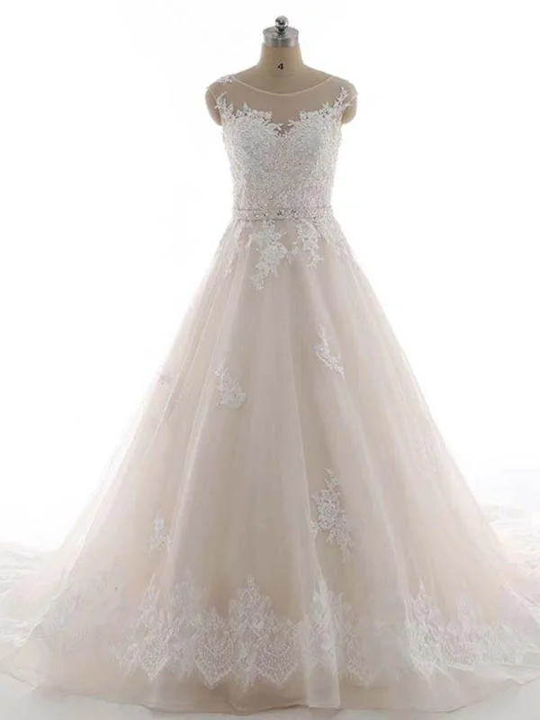 Unique Silhouette Gown Elegant Bateau Lace Appliques Ribbon Wedding Dresses